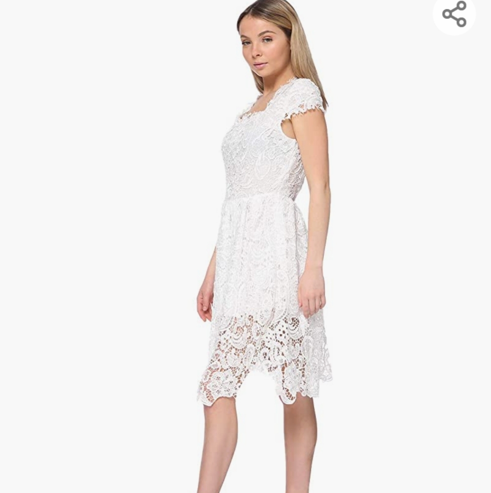 Anna-Kaci Women's White Lace Crochet Square Neck Cap Sleeve Dress